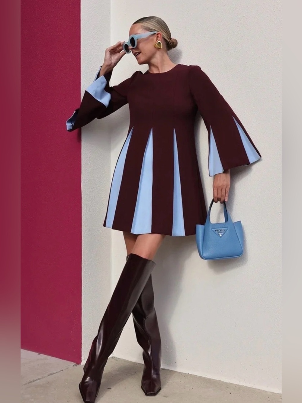 Tuckernuck Merlot Griffiths Bell Long Sleeve Colorblock Mini Dress